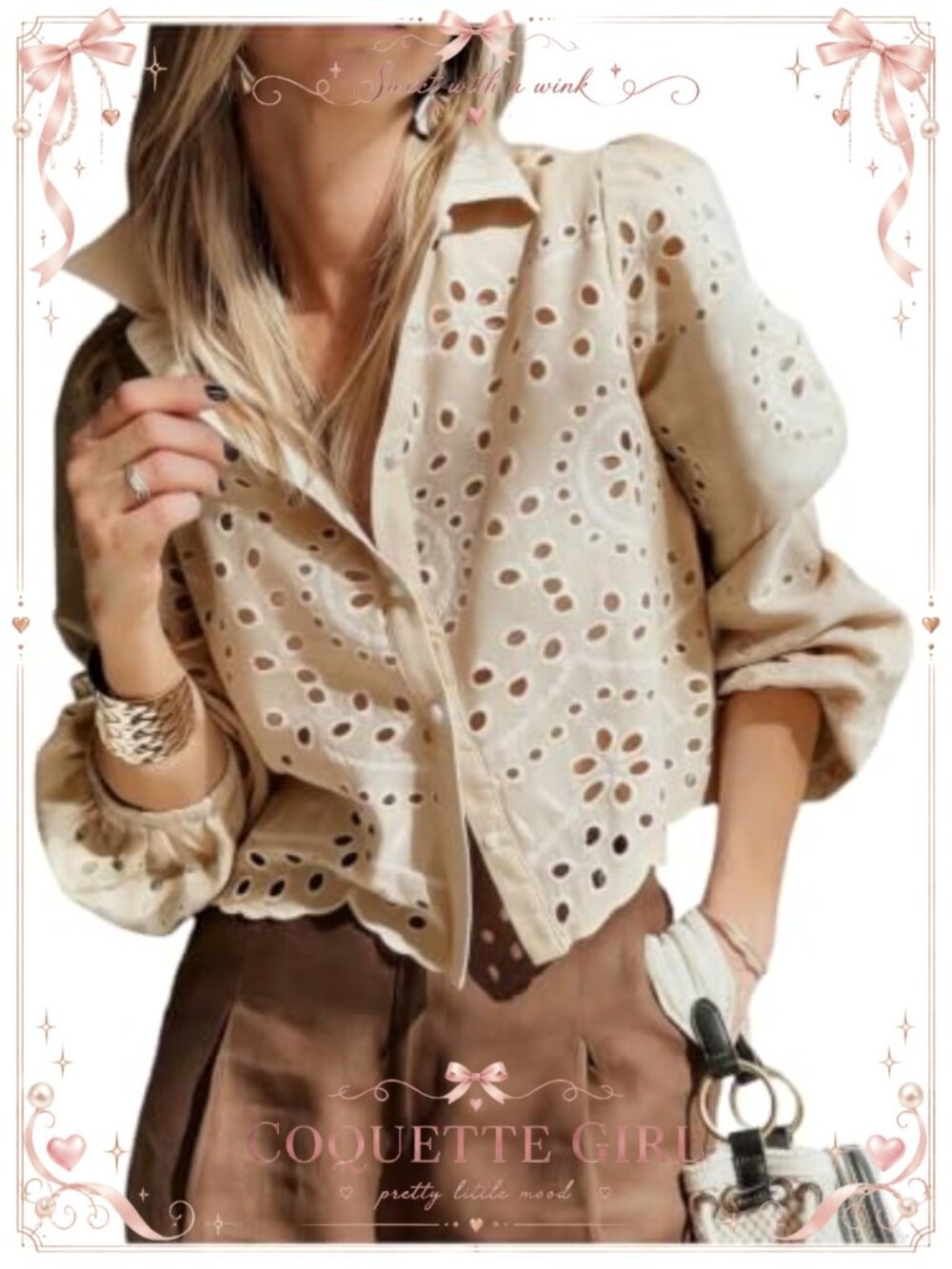 Womens Boho Embroidered Eyelet Blouse Button Down Long Sleeve Top